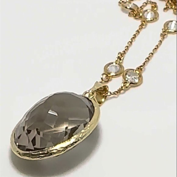 2PCS-BROWN TOPAZ QUART CRYSTAL PENDANT W/CZ 1/4" NECKLACE-VERMEIL (.925 BASE)/14 - Picture 1 of 4